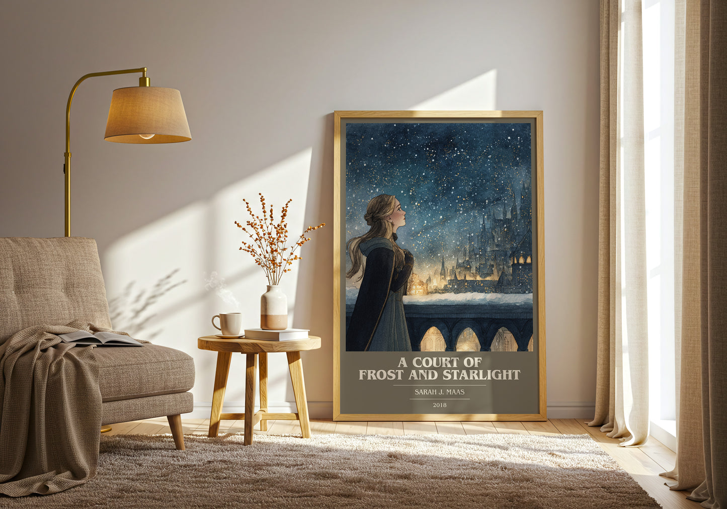 A Court of Frost and Starlight book cover print framed by window – literary home decor