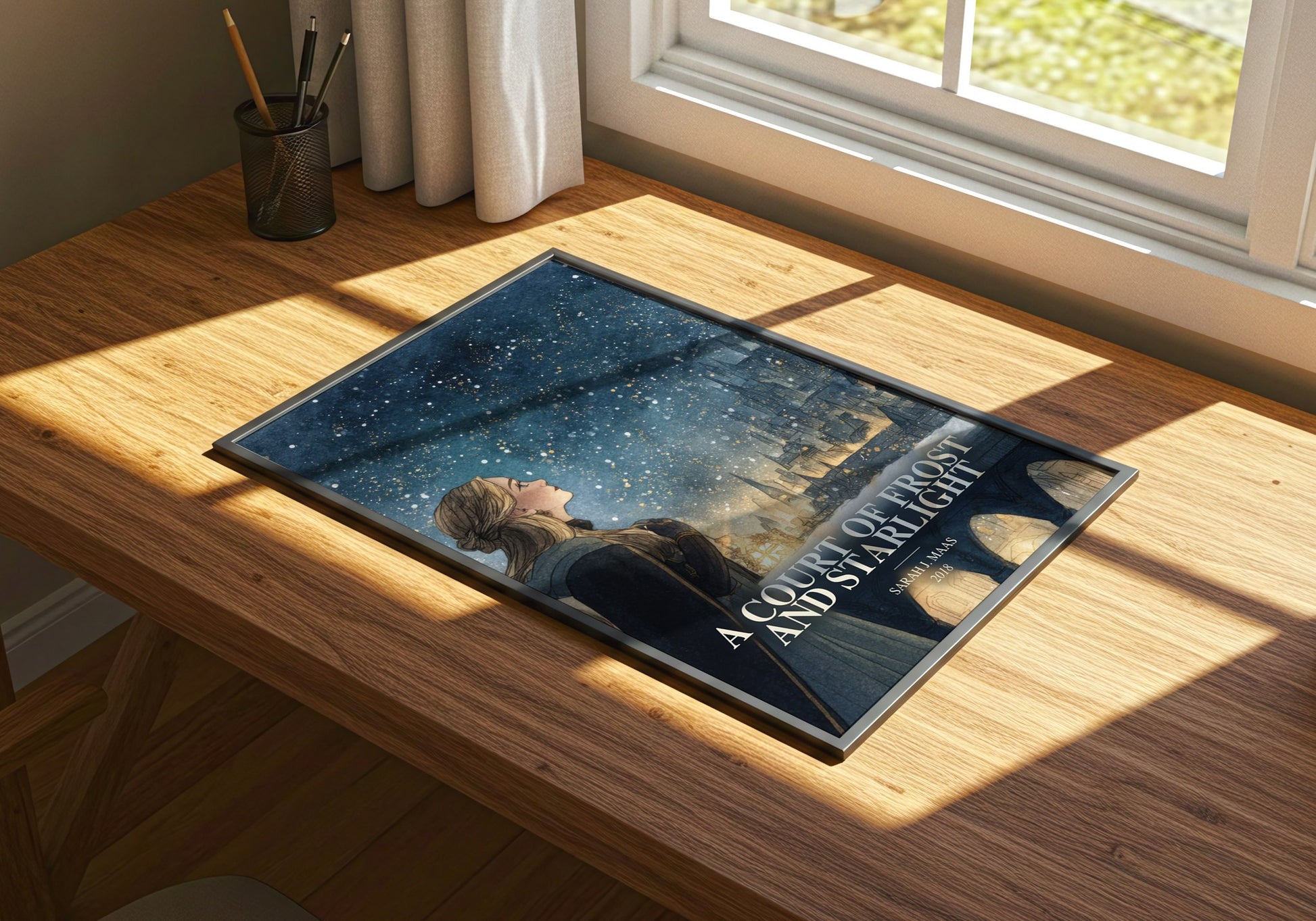 A Court Of Frost And Starlight watercolour book poster framed on wall – fantasy wall art