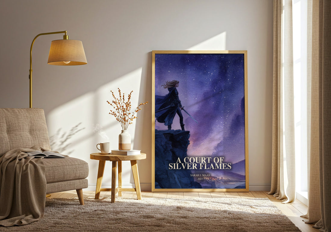 A Court Of Silver Flames watercolour print in frame leaning in hallway – fantasy wall art (mockup)