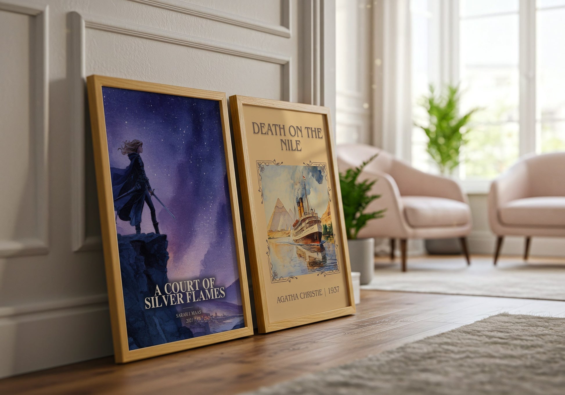 A Court Of Silver Flames watercolour print framed by window – literary home decor