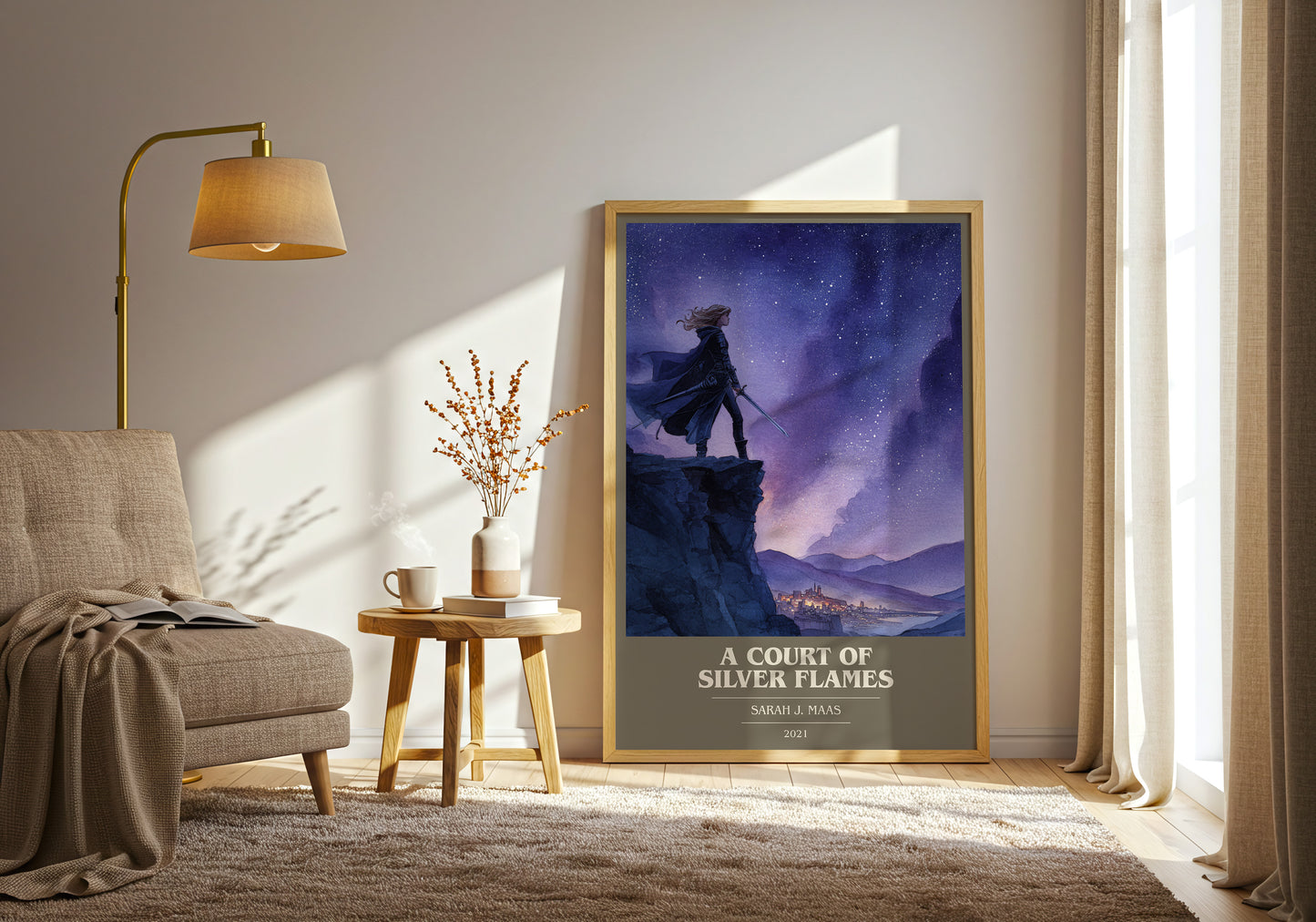 A Court Of Silver Flames book cover print framed by window – literary home decor