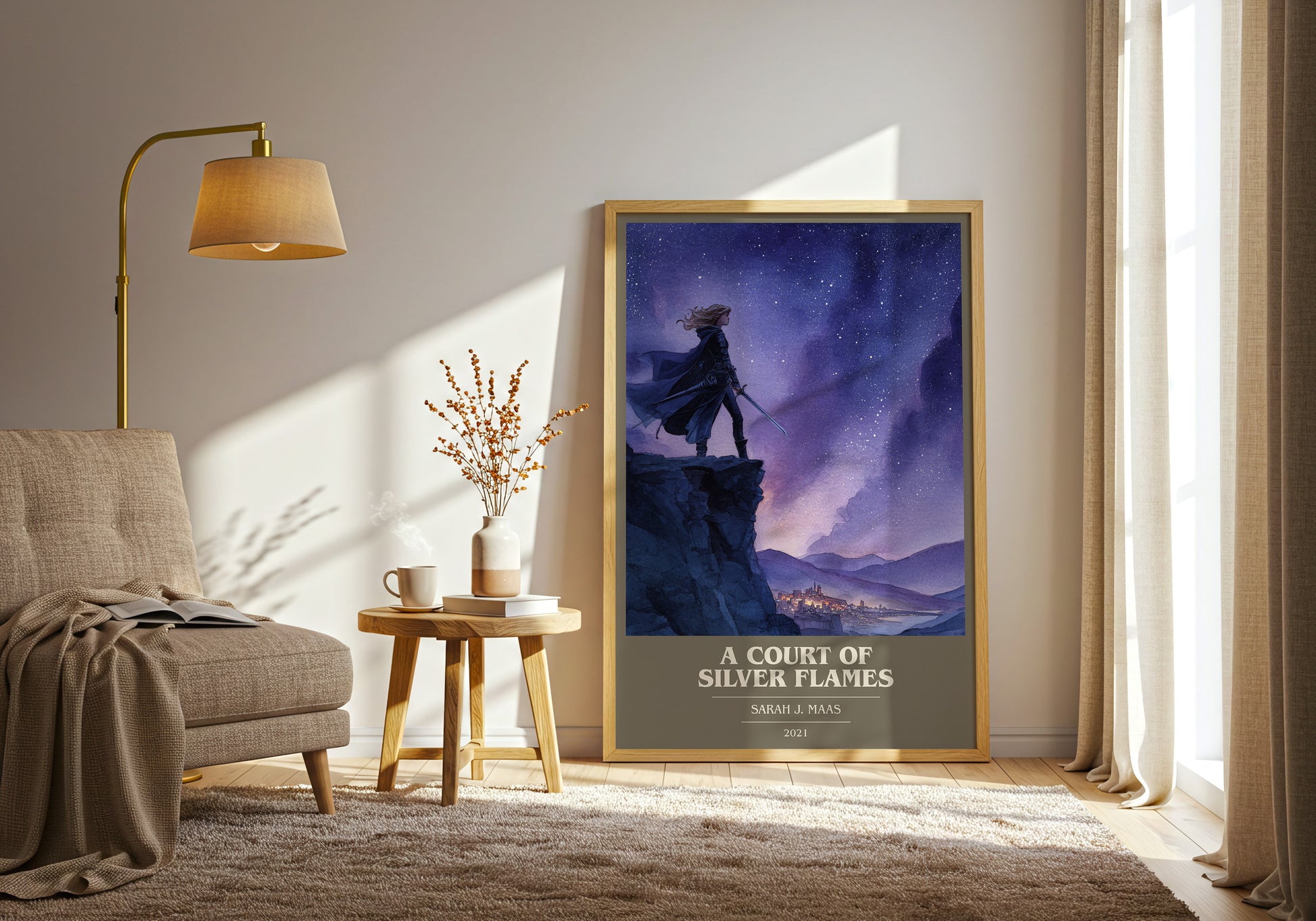 A Court Of Silver Flames book cover print framed by window – literary home decor