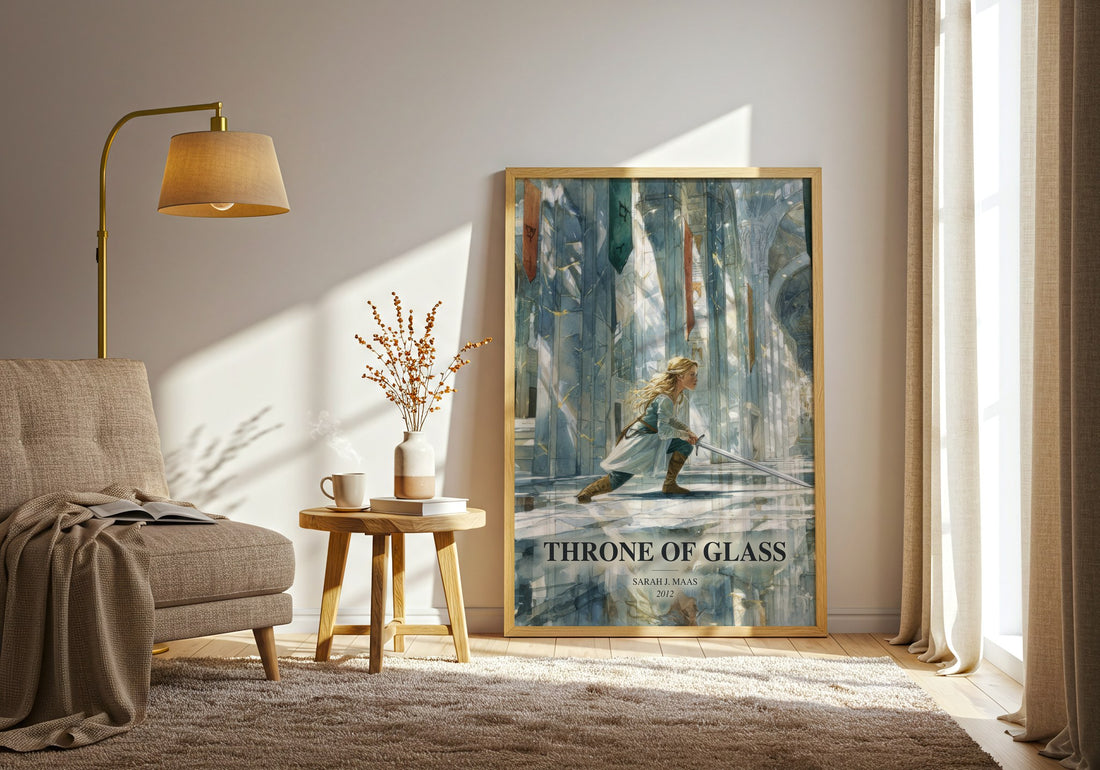 Throne Of Glass watercolour print in frame leaning in hallway – fantasy wall art (mockup)