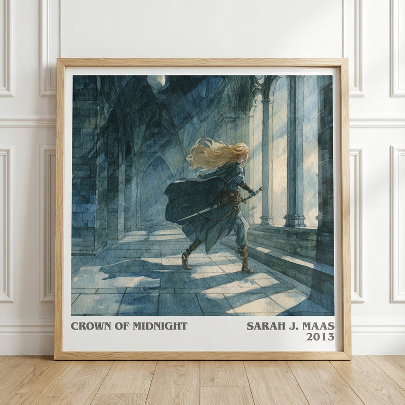 Crown of Midnight literary print in frame leaning in hallway – fantasy wall art