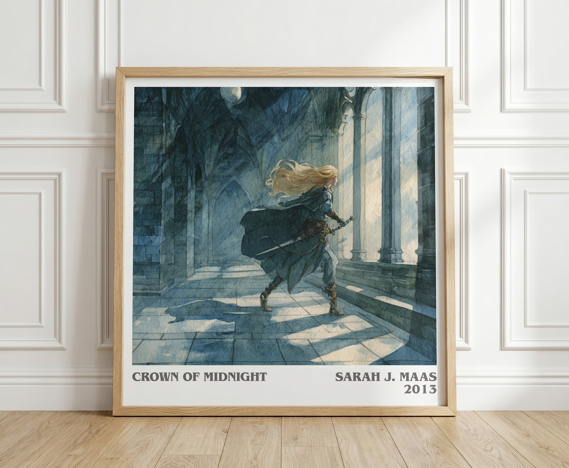 Crown of Midnight literary print in frame leaning in hallway – fantasy wall art