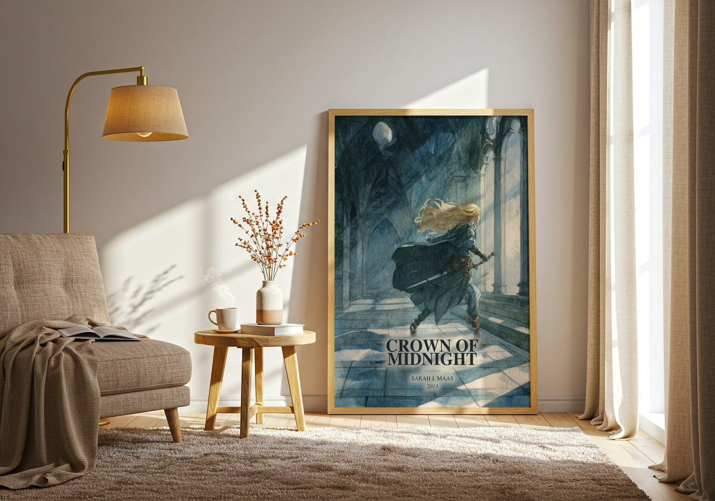 Crown Of Midnight watercolour print in frame leaning in hallway – fantasy wall art