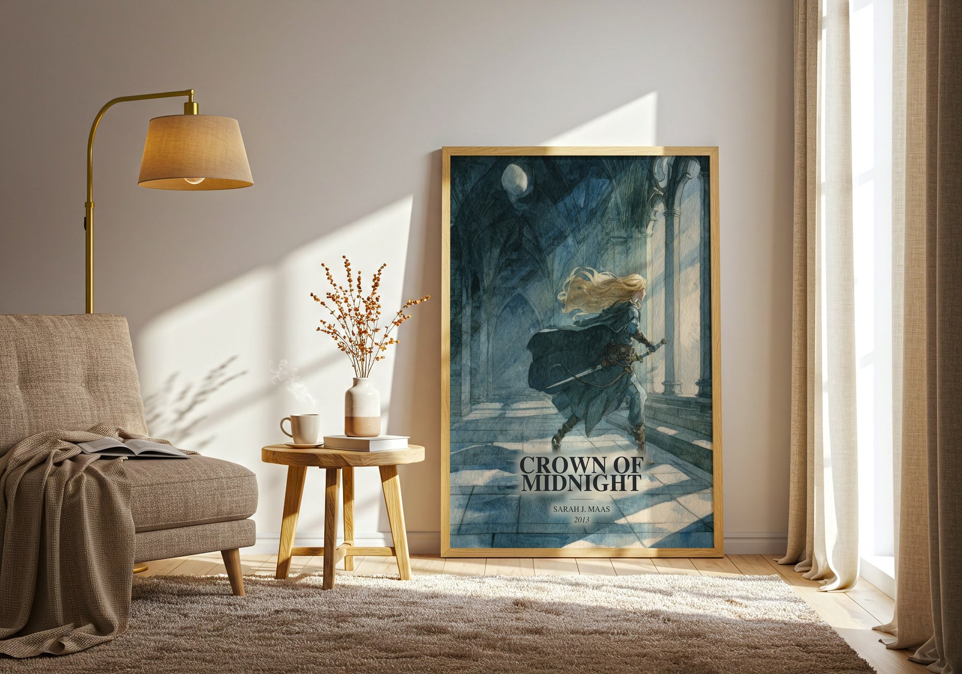 Crown Of Midnight watercolour print in frame leaning in hallway – fantasy wall art