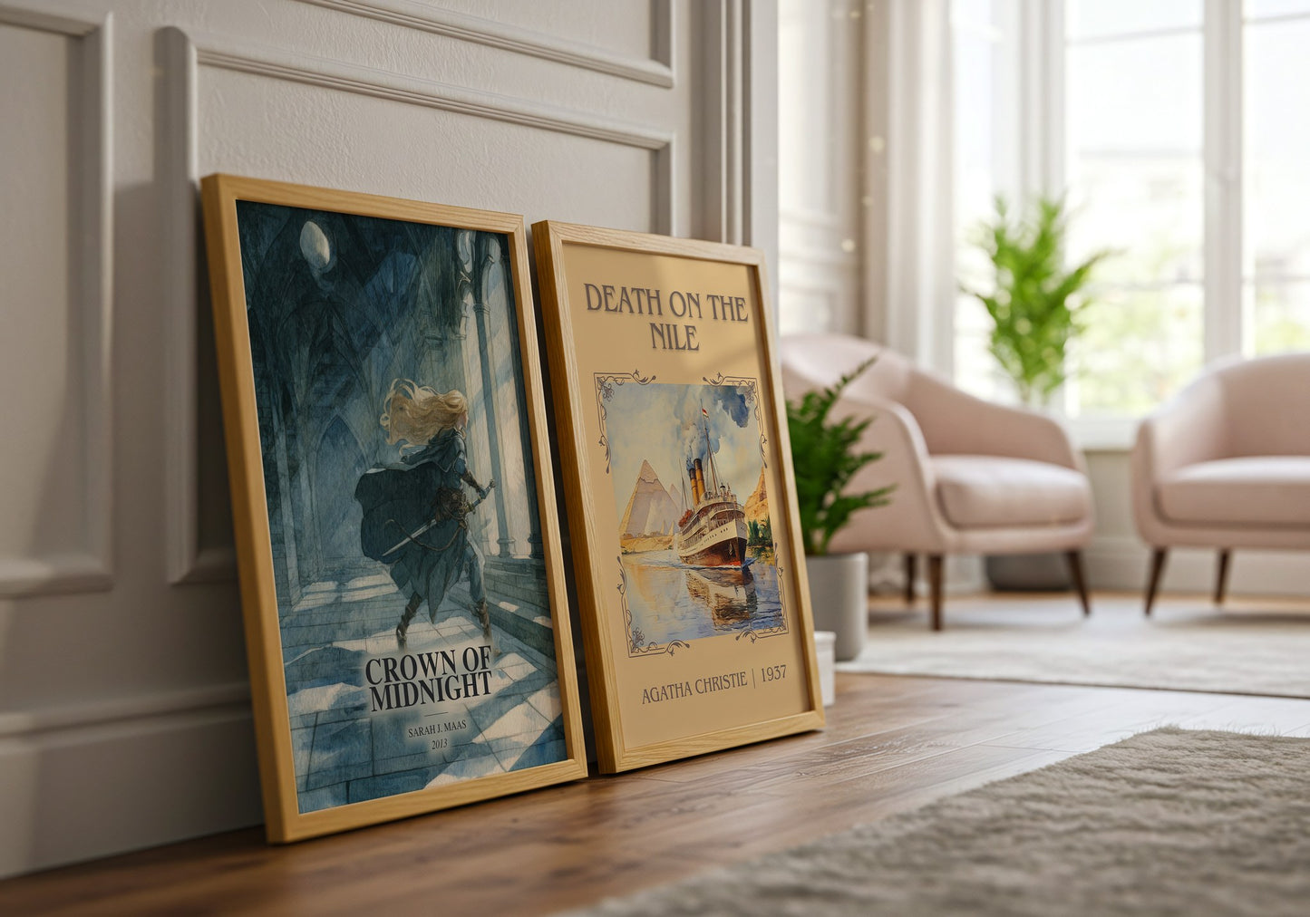 Crown Of Midnight watercolour print framed by window – literary home decor