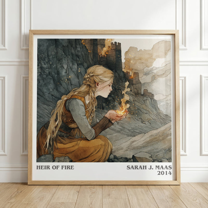Heir of Fire literary print in frame leaning in hallway – fantasy wall art