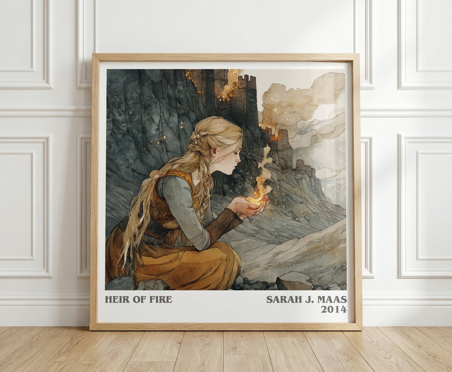 Heir of Fire literary print in frame leaning in hallway – fantasy wall art