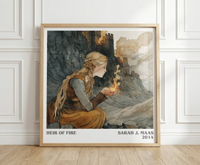 Heir of Fire literary print in frame leaning in hallway – fantasy wall art