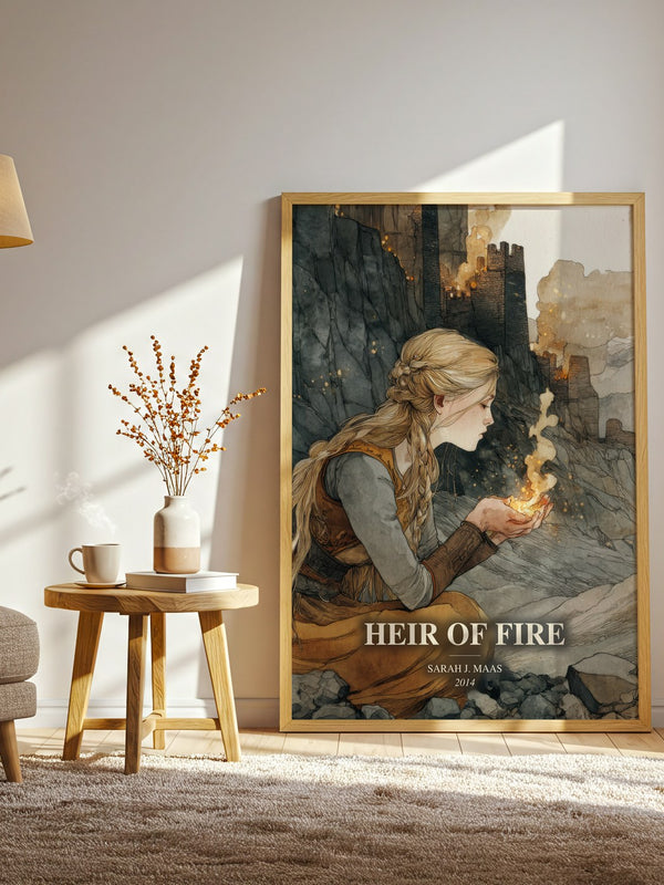Heir Of Fire watercolour print in frame leaning in hallway – young adult wall art