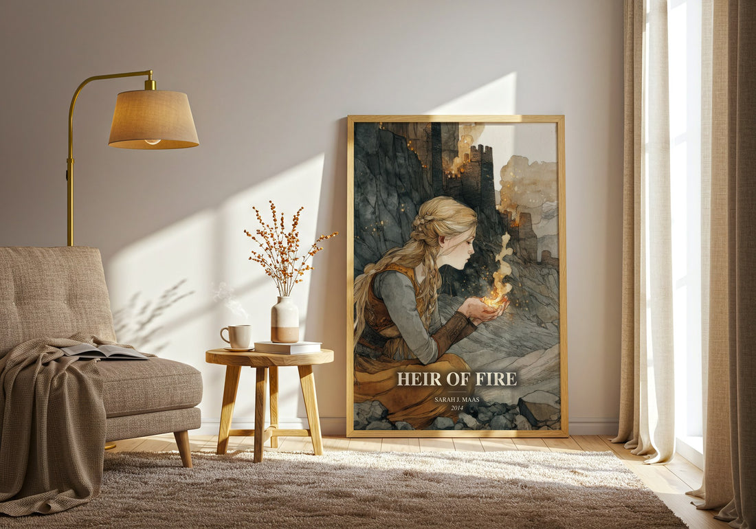 Heir Of Fire watercolour print in frame leaning in hallway – young adult wall art (mockup)