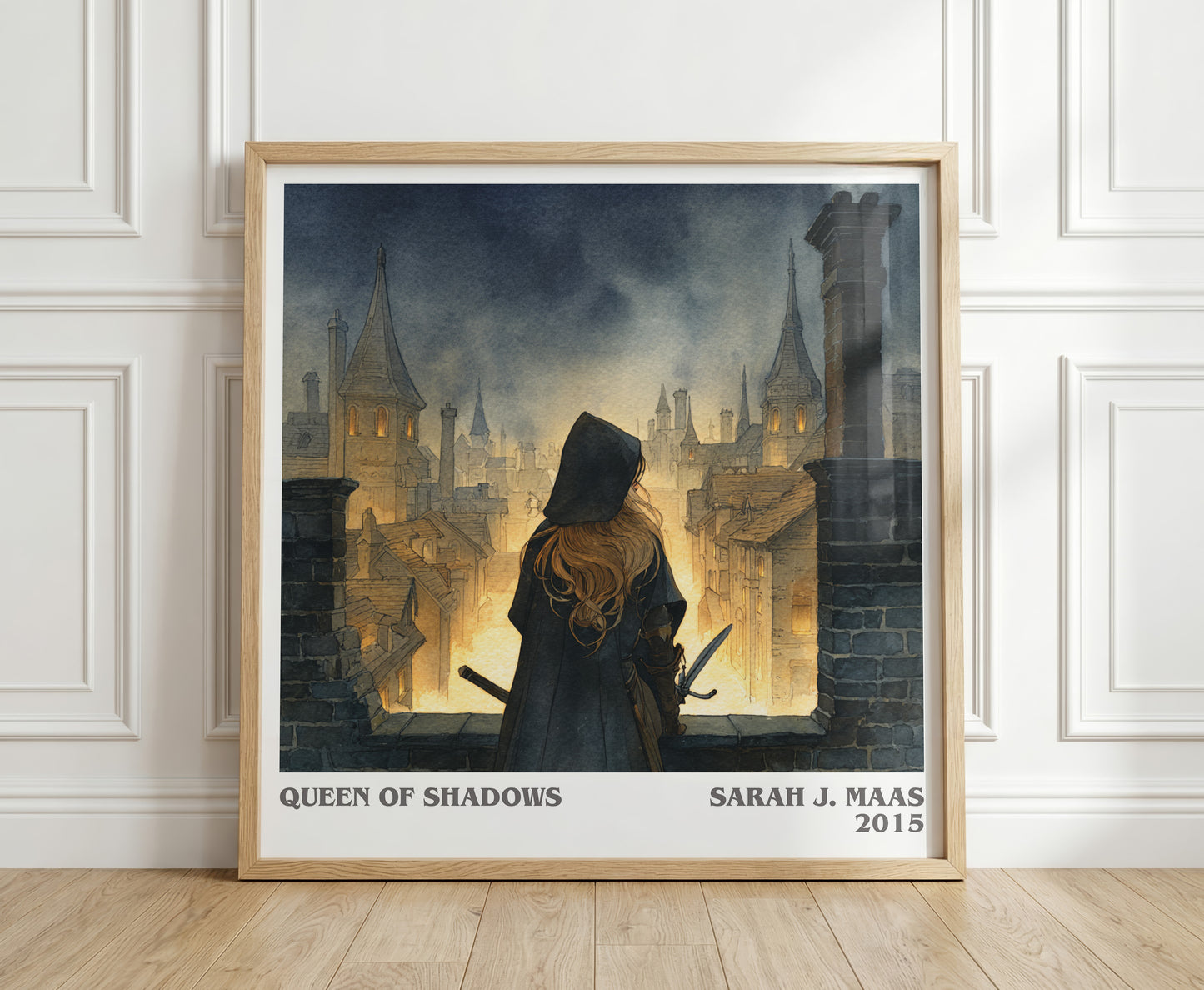 Queen of Shadows literary print in frame leaning in hallway – fantasy wall art