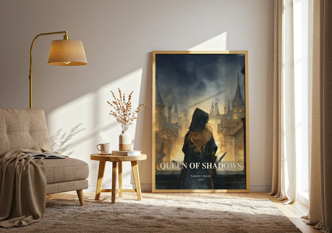 Queen Of Shadows watercolour print in frame leaning in hallway – young adult wall art (mockup)