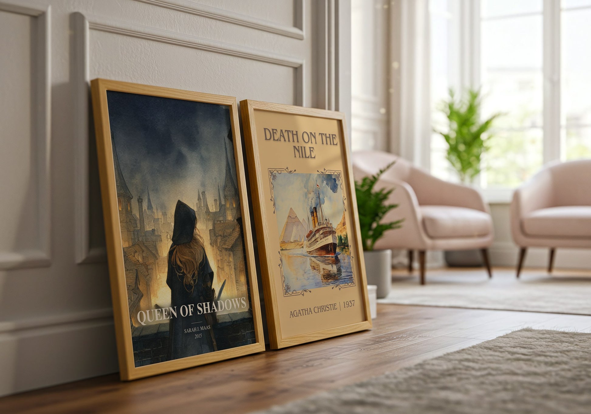 Queen Of Shadows watercolour print framed by window – literary home decor