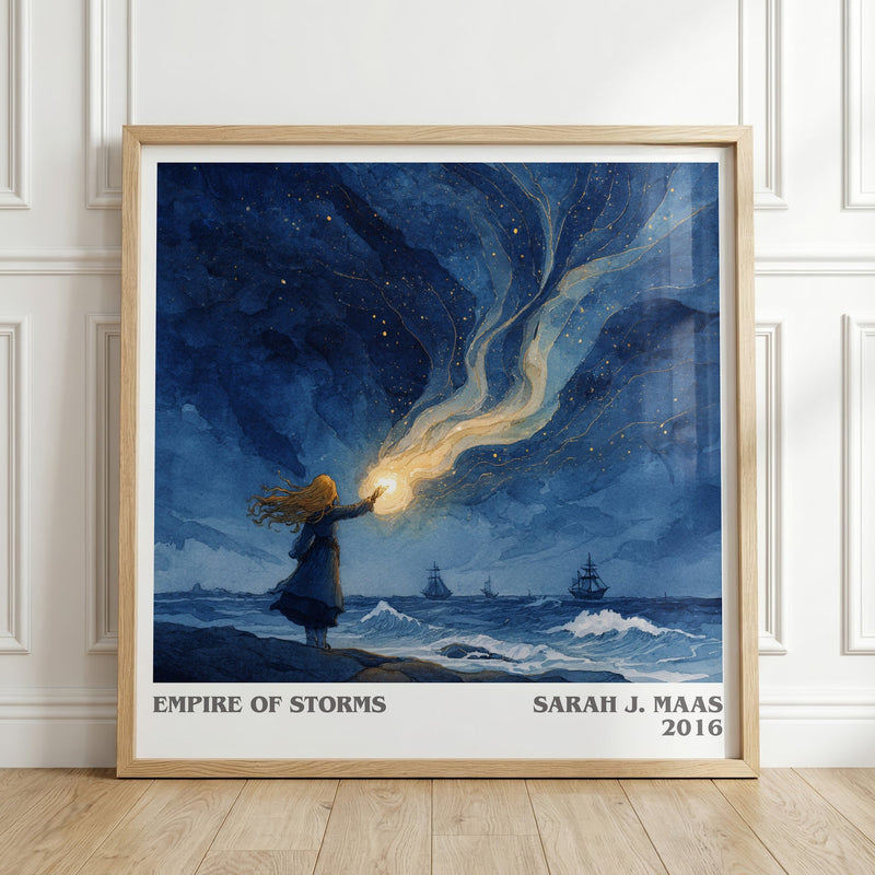 Empire of Storms literary print in frame leaning in hallway – fantasy wall art