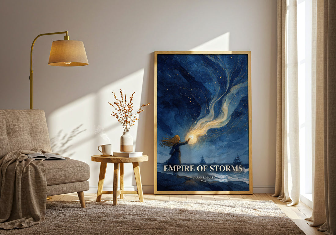 Empire Of Storms watercolour print in frame leaning in hallway – young adult wall art (mockup)