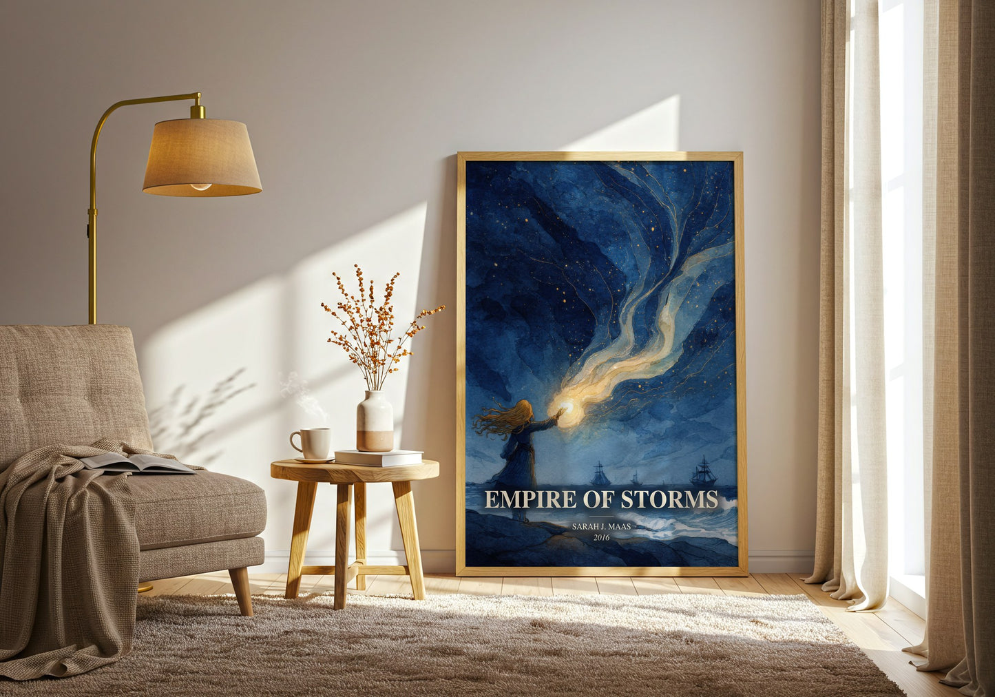 Empire Of Storms watercolour print in frame leaning in hallway – young adult wall art