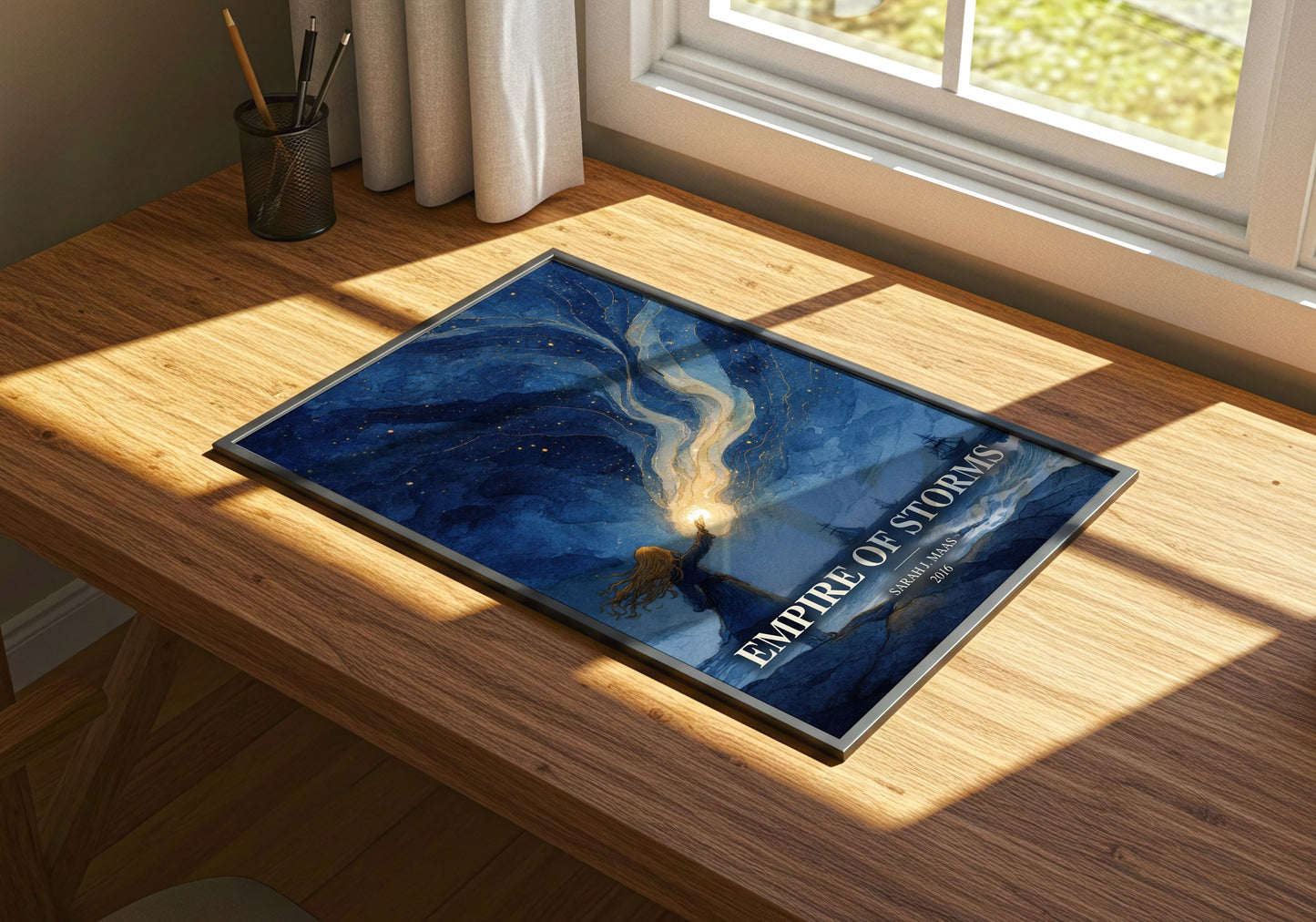 Empire Of Storms watercolour book poster framed on wall – young adult wall art