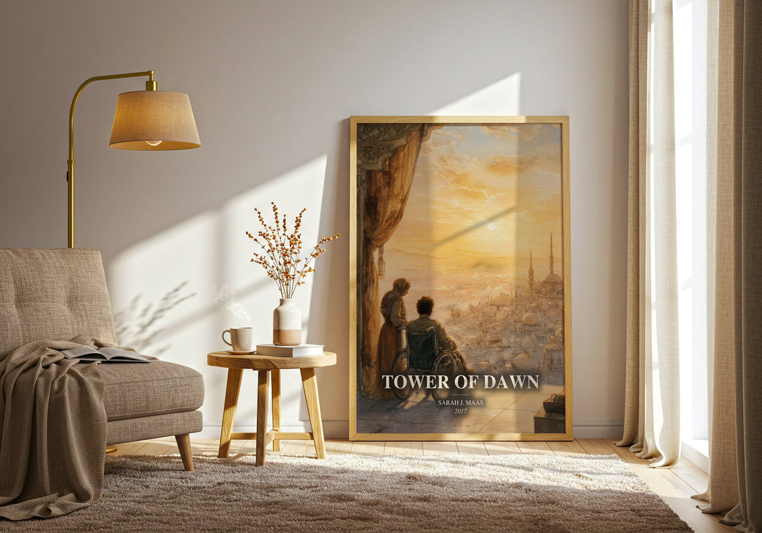Tower Of Dawn watercolour print in frame leaning in hallway – fantasy wall art (mockup)