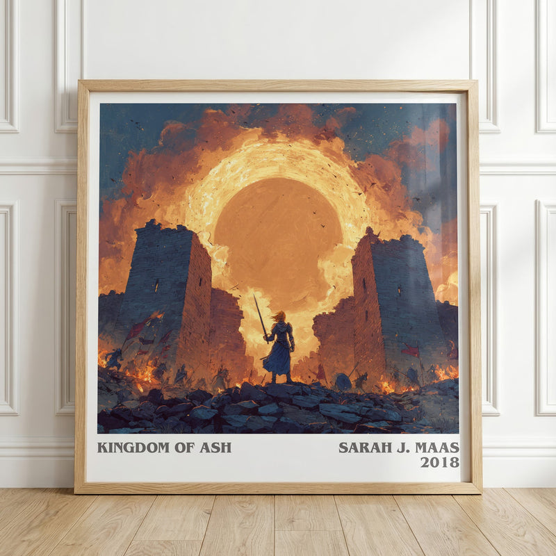 Kingdom of Ash literary print in frame leaning in hallway – fantasy wall art
