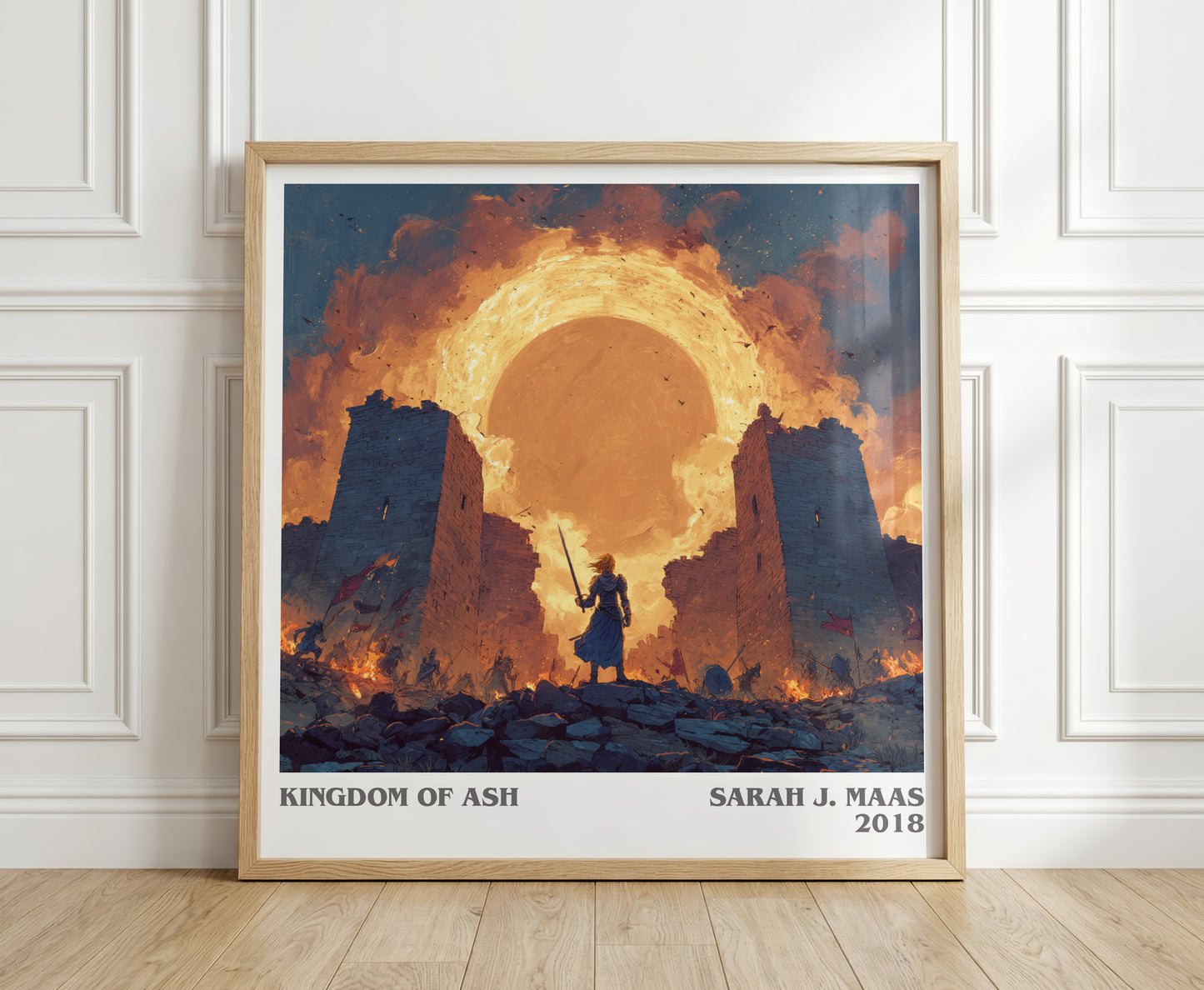 Kingdom of Ash literary print in frame leaning in hallway – fantasy wall art