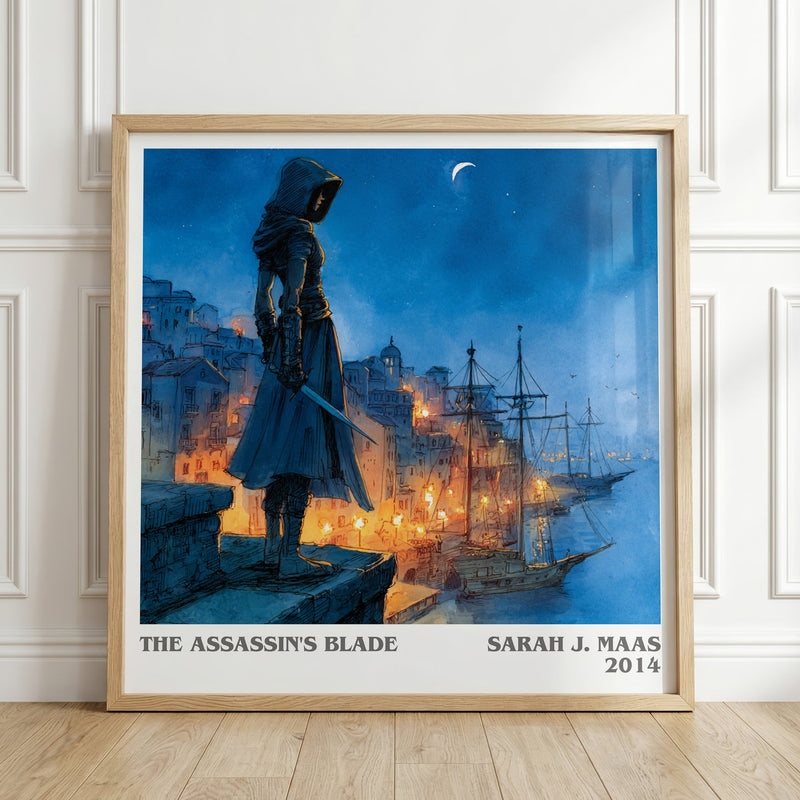The Assassin's Blade literary print in frame leaning in hallway – fantasy wall art