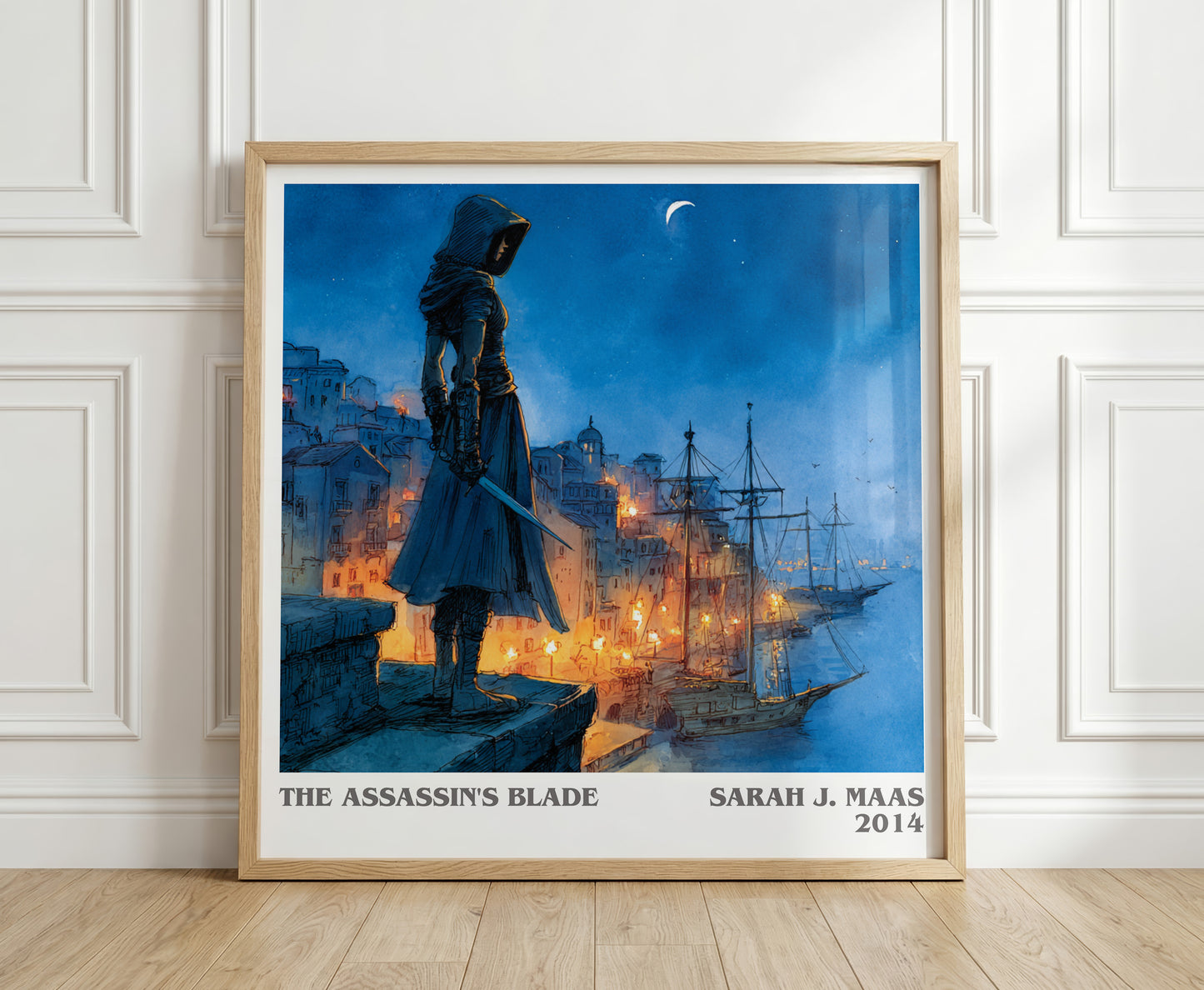 The Assassin's Blade literary print in frame leaning in hallway – fantasy wall art