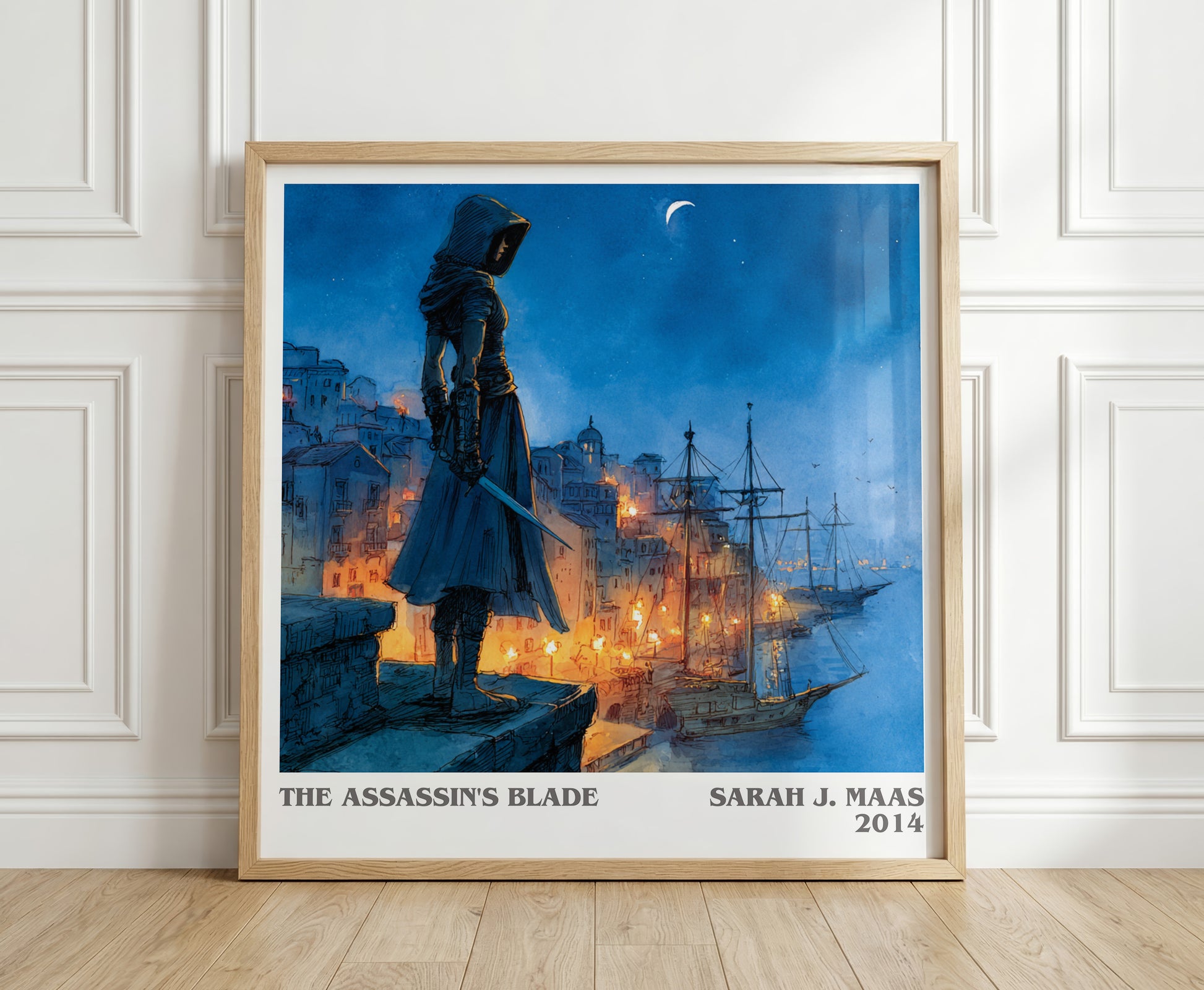 The Assassin's Blade literary print in frame leaning in hallway – fantasy wall art