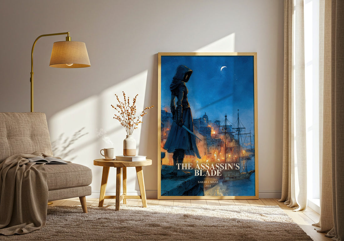The Assassin'S Blade watercolour print in frame leaning in hallway – young adult wall art (mockup)