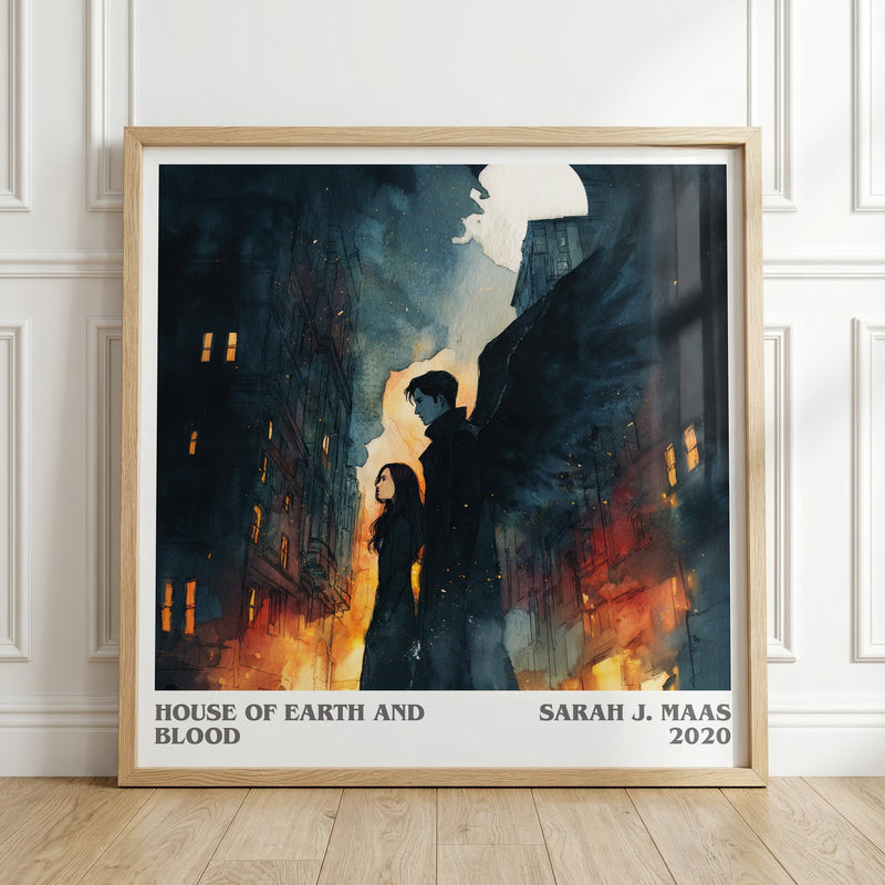 House of Earth and Blood literary print in frame leaning in hallway – fantasy wall art