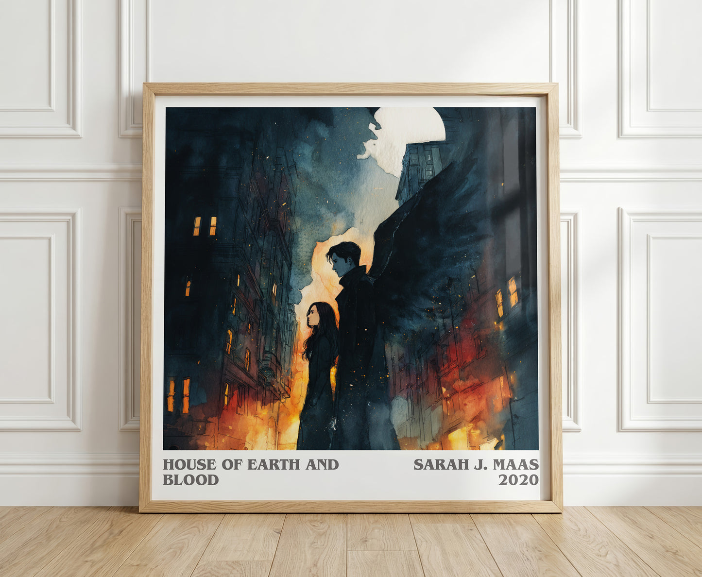 House of Earth and Blood literary print in frame leaning in hallway – fantasy wall art