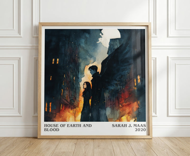 House of Earth and Blood literary print in frame leaning in hallway – fantasy wall art