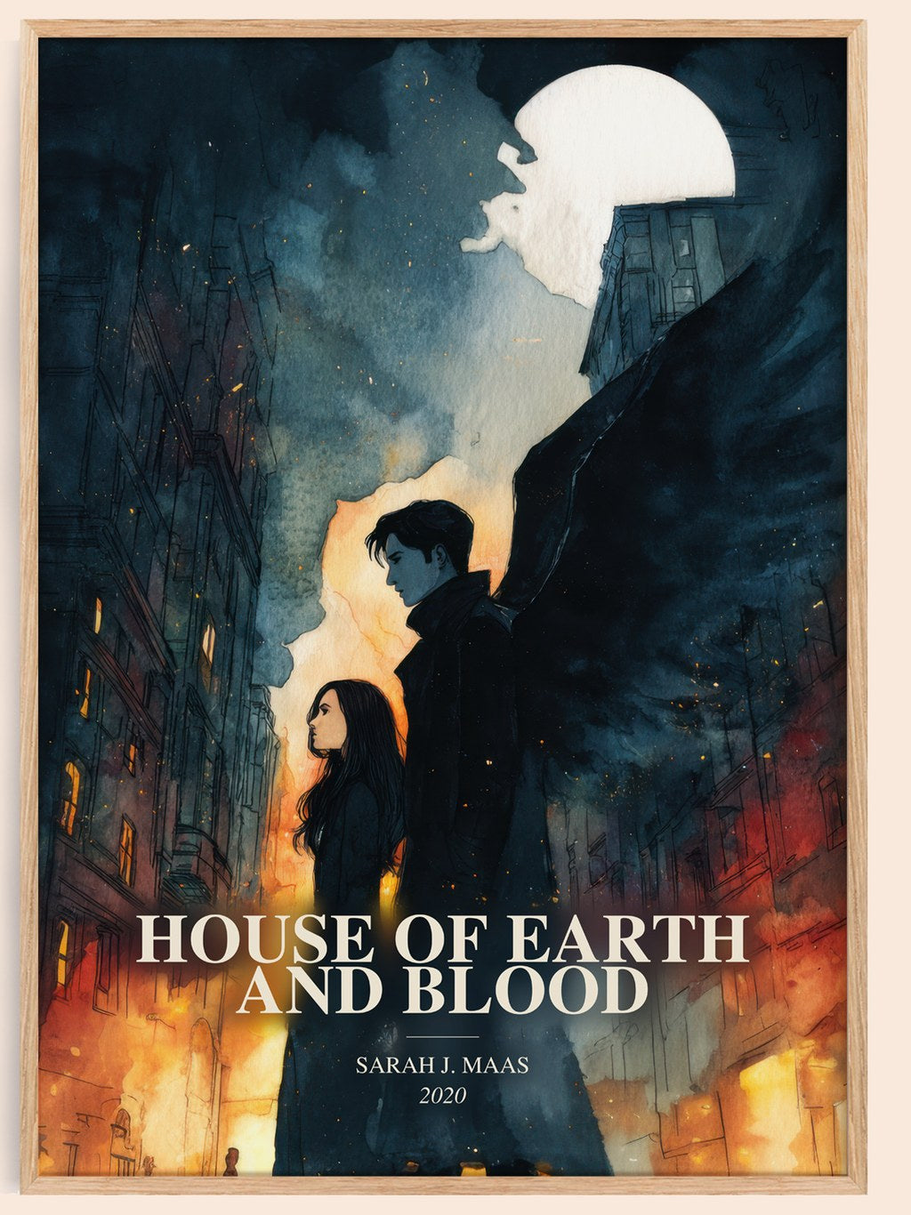 House Of Earth And Blood watercolour book poster by Sarah J. Maas – framed literary art print