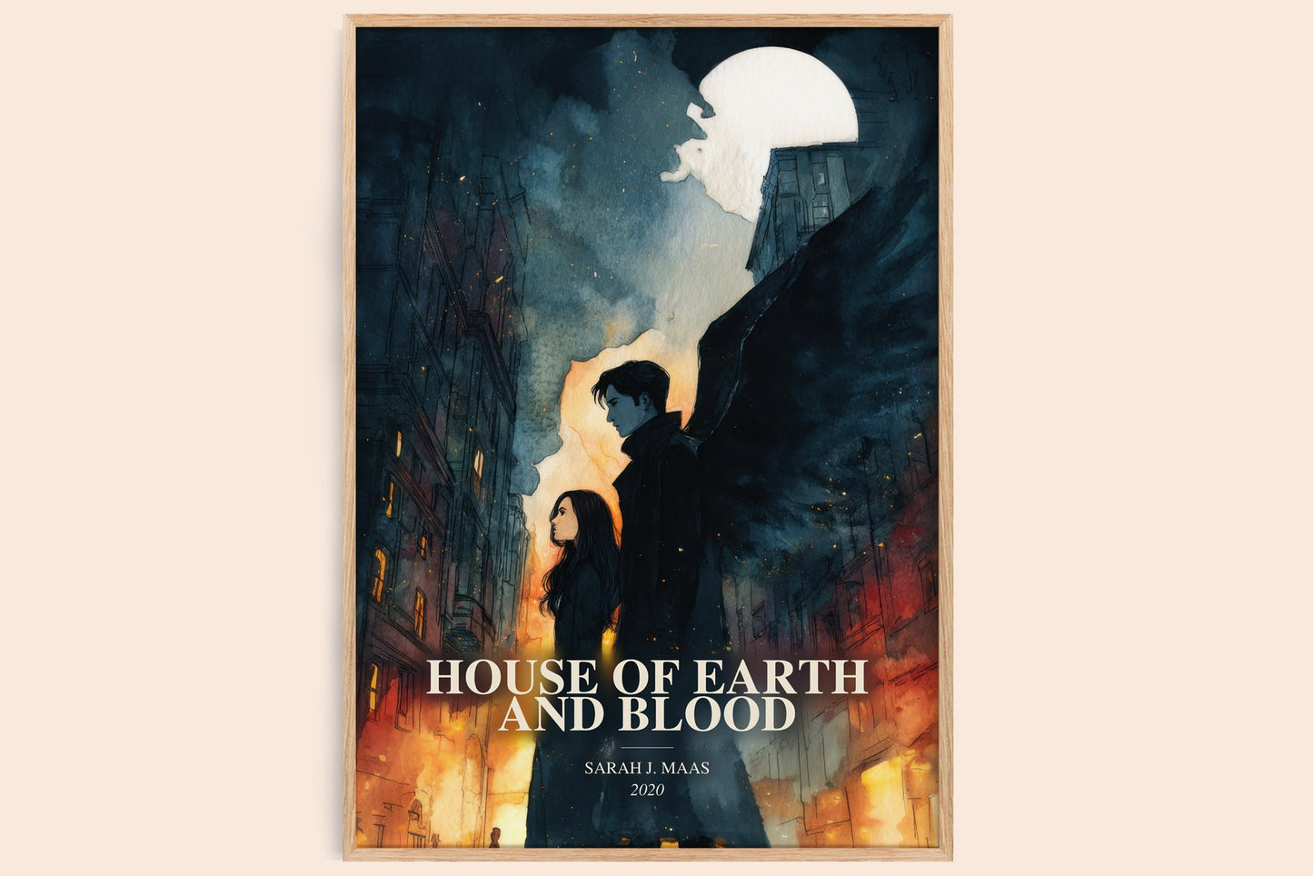 House Of Earth And Blood watercolour book poster by Sarah J. Maas – framed literary art print
