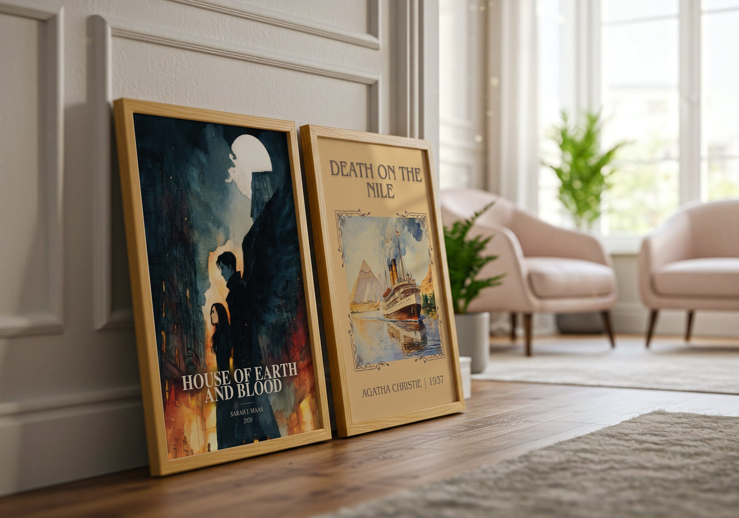 House Of Earth And Blood watercolour print framed by window – literary home decor