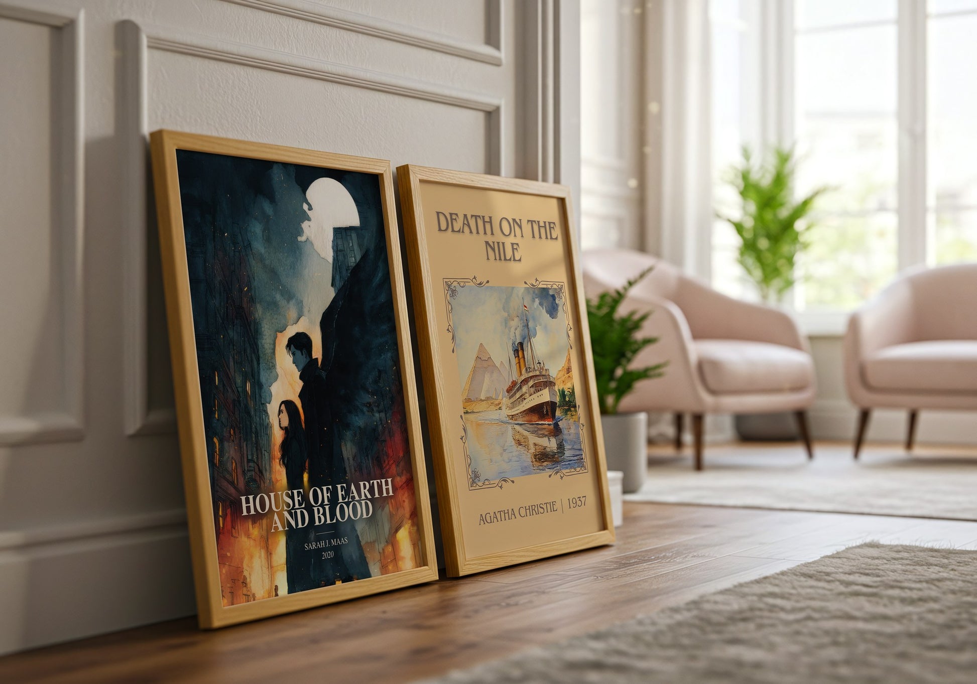 House Of Earth And Blood watercolour print framed by window – literary home decor