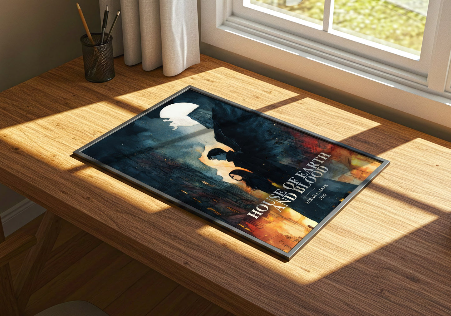 House Of Earth And Blood watercolour book poster framed on wall – fantasy wall art