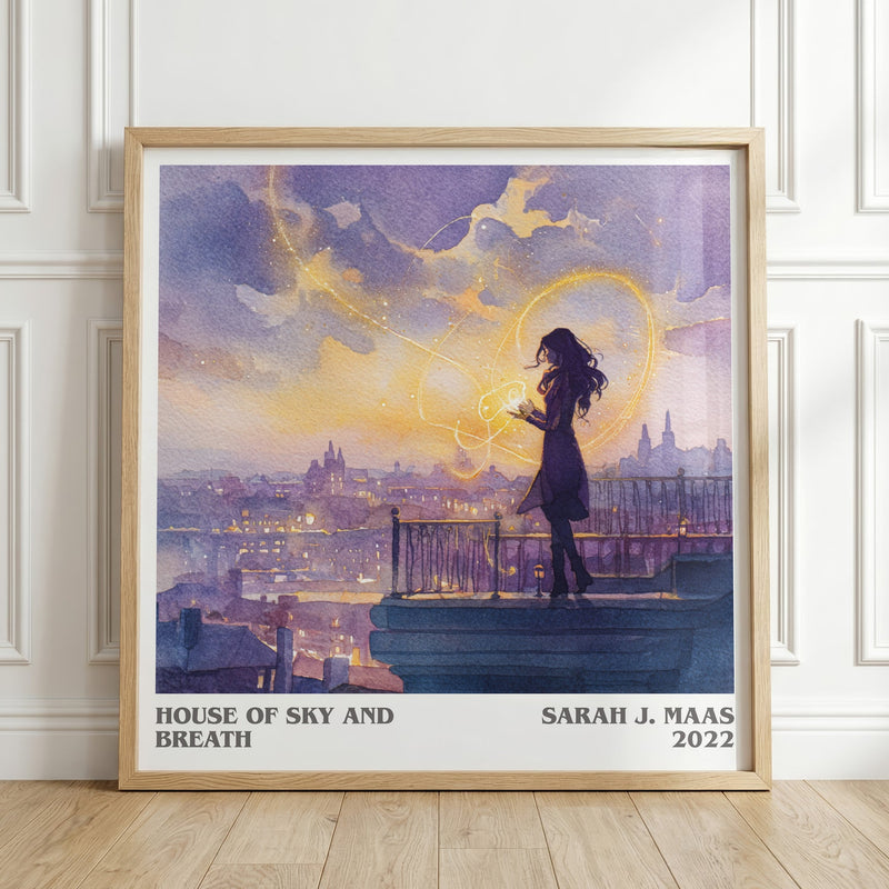 House of Sky and Breath literary print in frame leaning in hallway – fantasy wall art