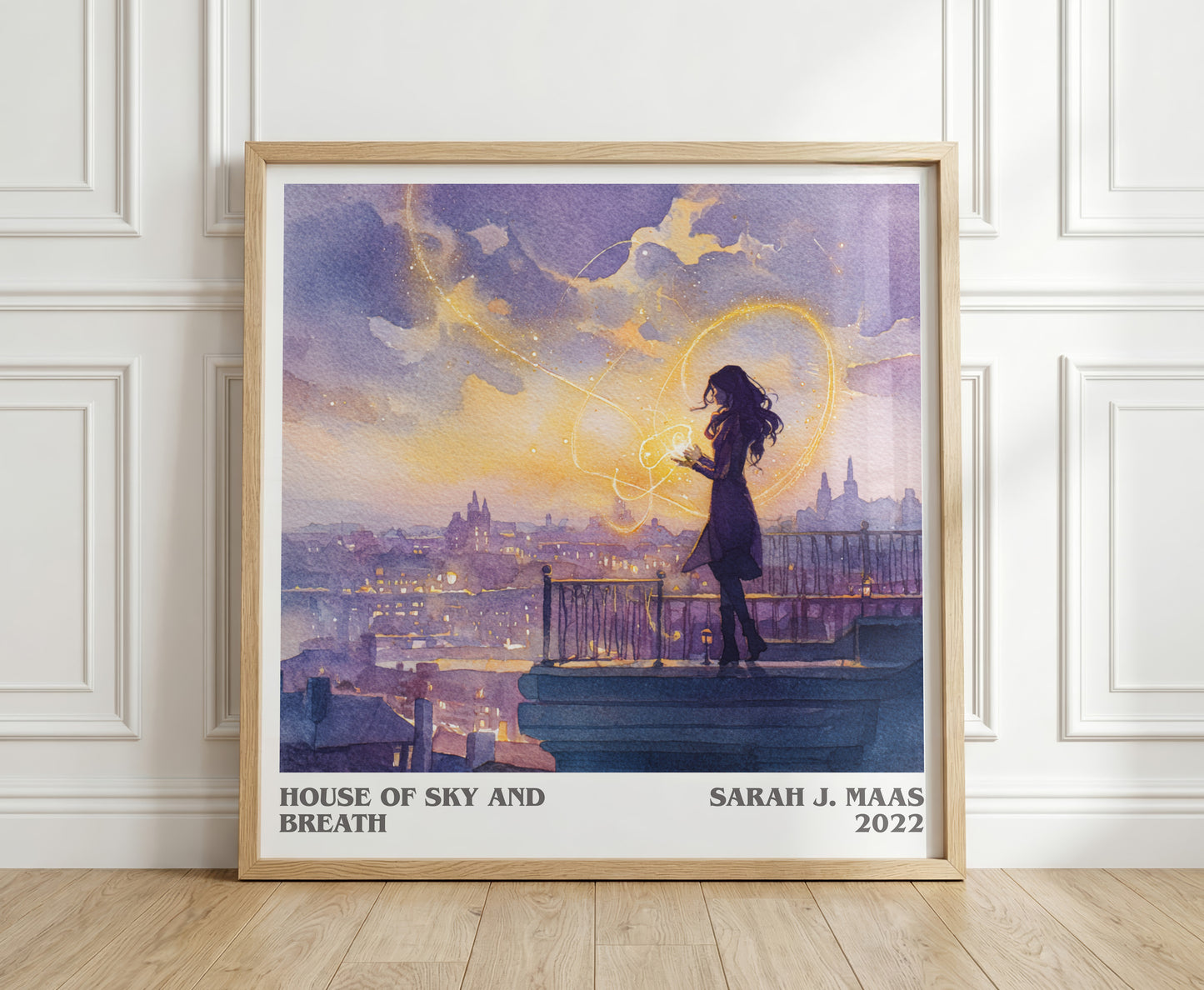 House of Sky and Breath literary print in frame leaning in hallway – fantasy wall art