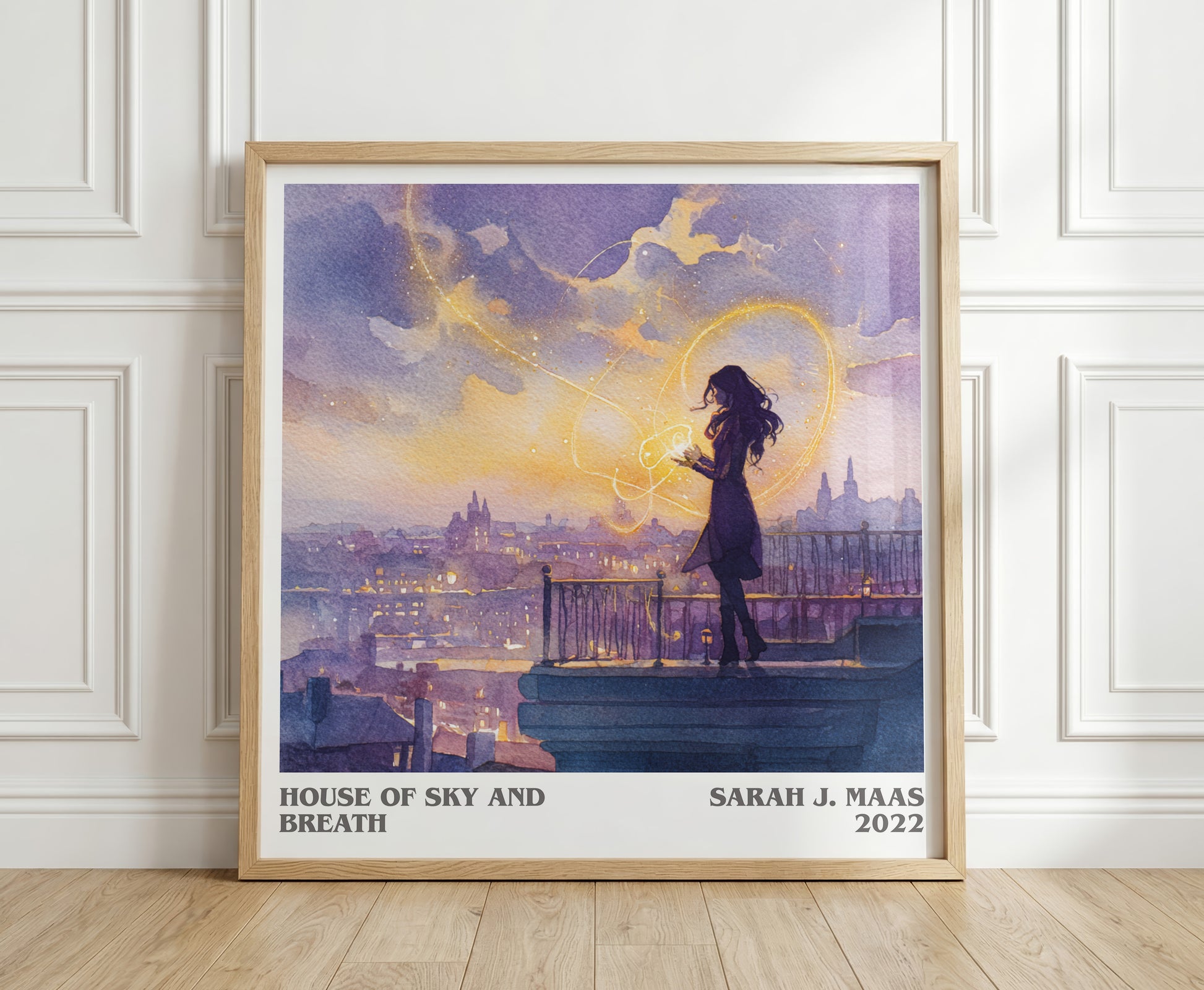 House of Sky and Breath literary print in frame leaning in hallway – fantasy wall art