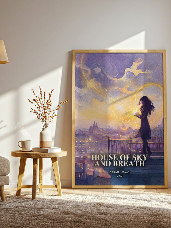 House Of Sky And Breath watercolour print in frame leaning in hallway – fantasy wall art