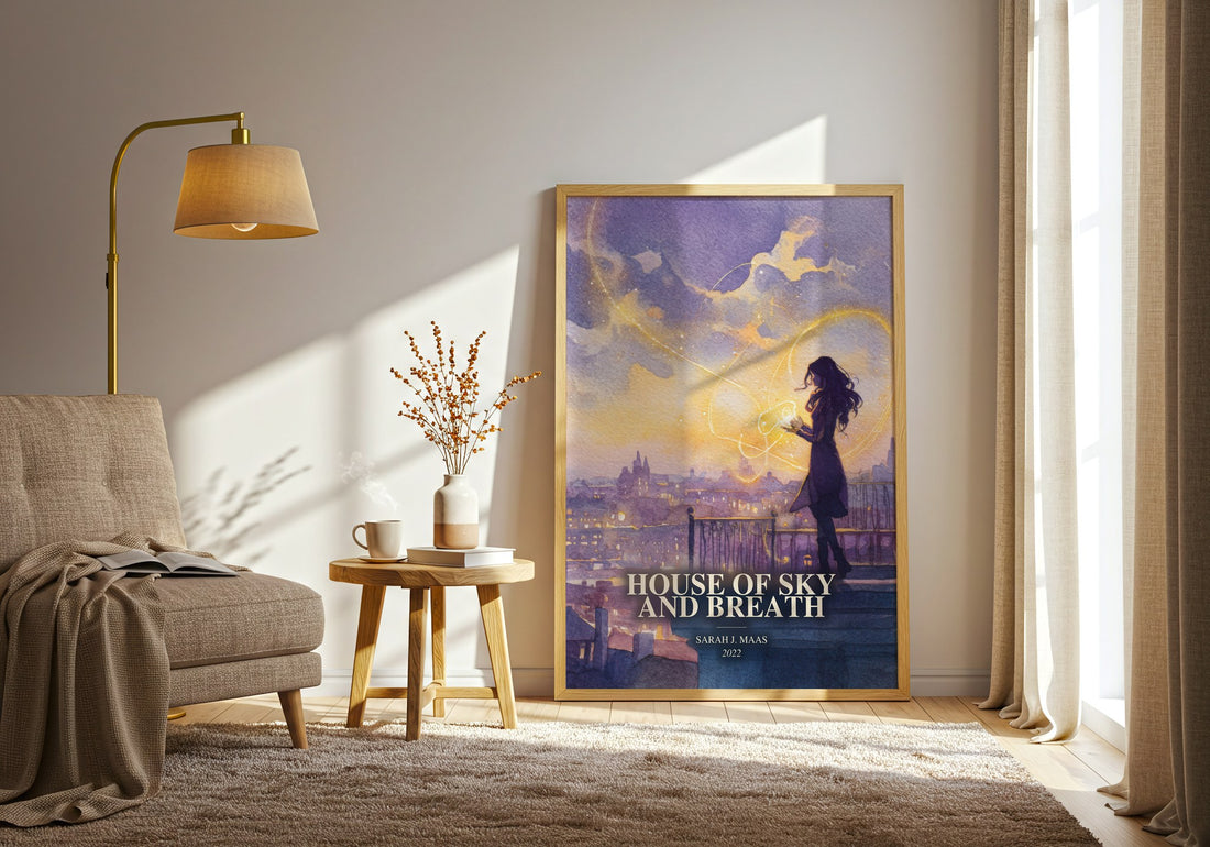 House Of Sky And Breath watercolour print in frame leaning in hallway – fantasy wall art (mockup)