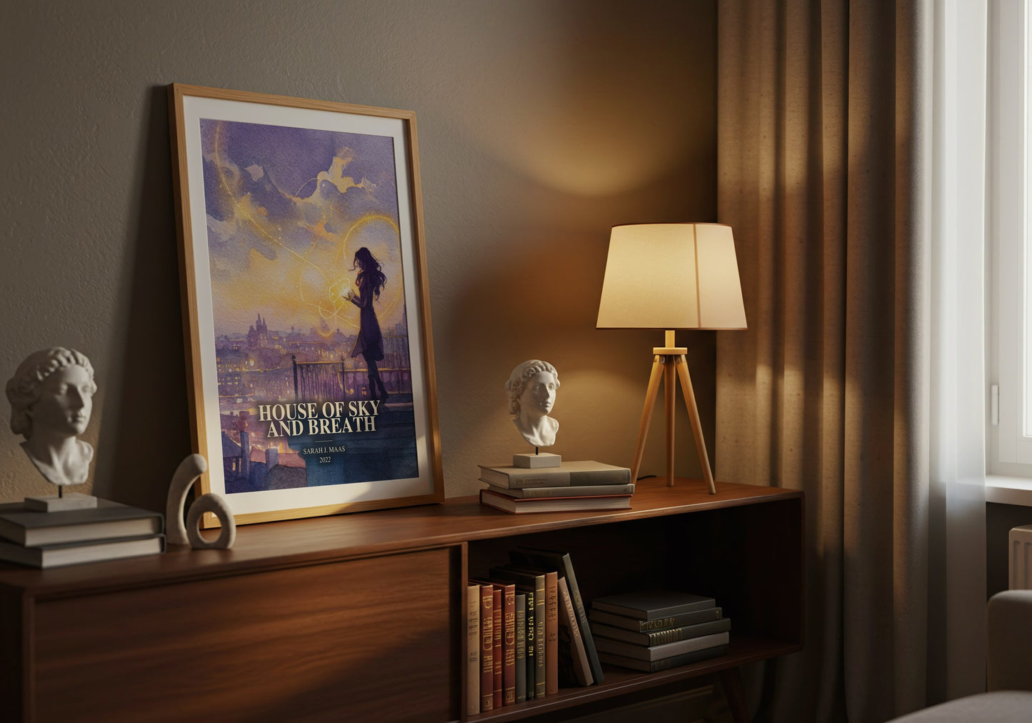 House Of Sky And Breath watercolour print on bookshelf – Sarah J. Maas fan gift