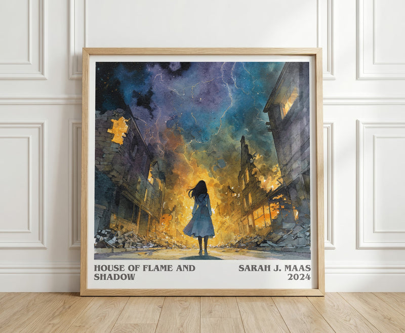 House Of Flame And Shadow literary print in frame leaning in hallway – fantasy wall art