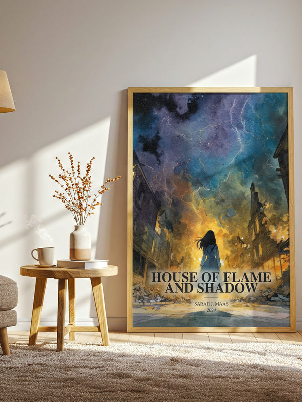 House Of Flame And Shadow watercolour print in frame leaning in hallway – fantasy wall art