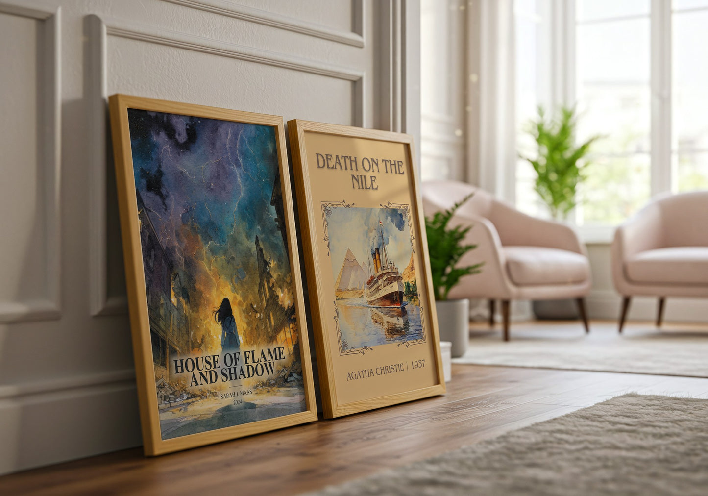 House Of Flame And Shadow watercolour print framed by window – literary home decor