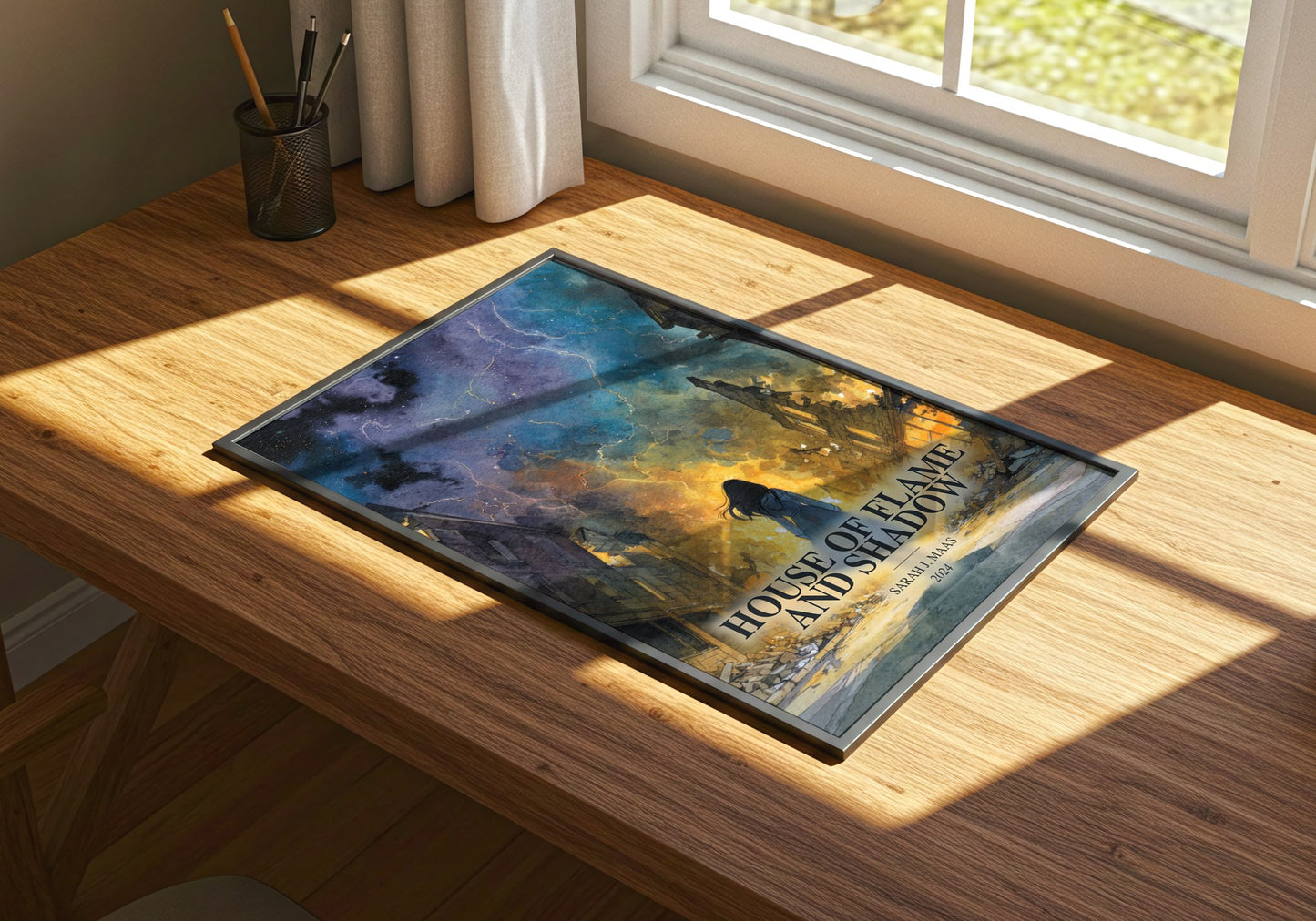 House Of Flame And Shadow watercolour book poster framed on wall – fantasy wall art