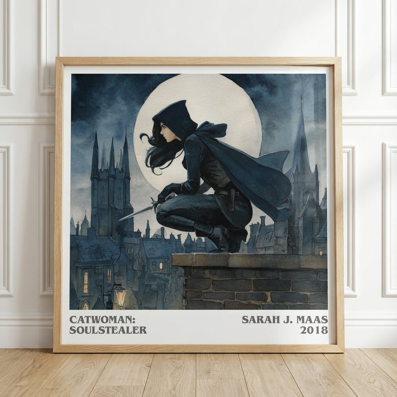 Catwoman: Soulstealer literary print in frame leaning in hallway – fantasy wall art
